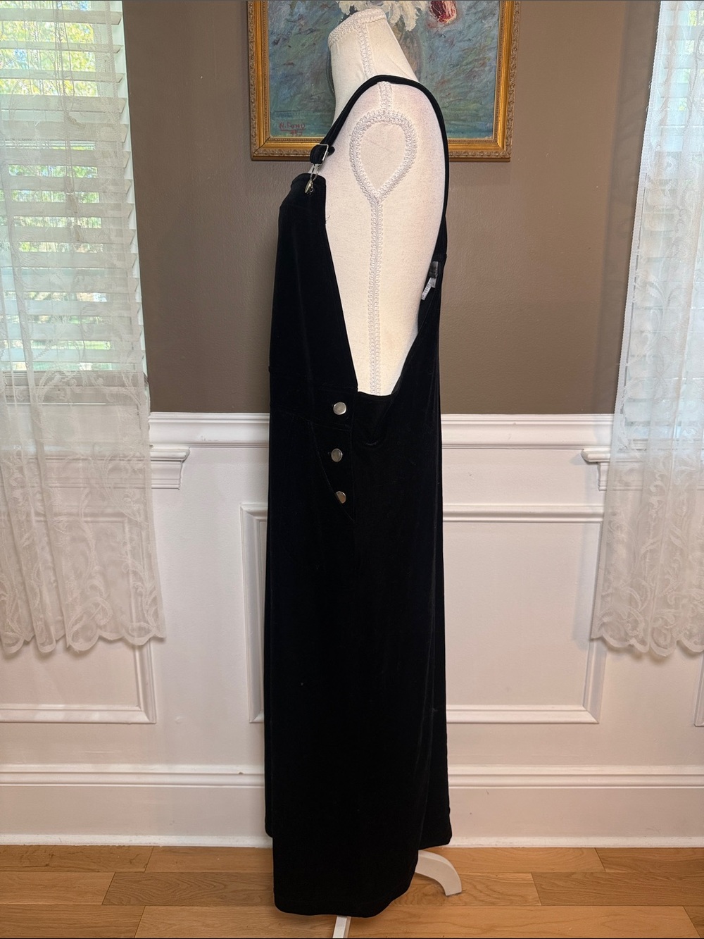 Coldwater Creek Black Velvet Overall Maxi Dress L Pinafore Jumper - Picture 2 of 10